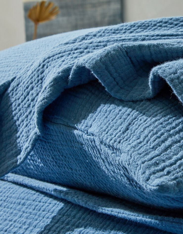 Linge de lit uni en triple gaze de coton (bleu)