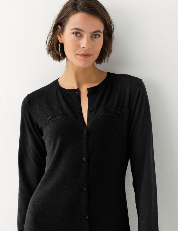 Robe pull longue boutonn&eacute;e, manches longues (noir)