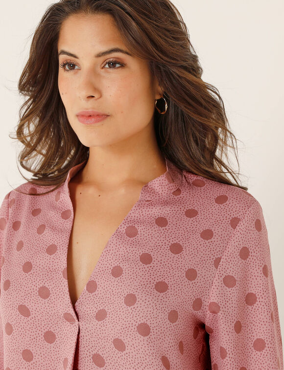 Blouse col tunisien imprimé pois, crêpe (rose poudré / taupe)