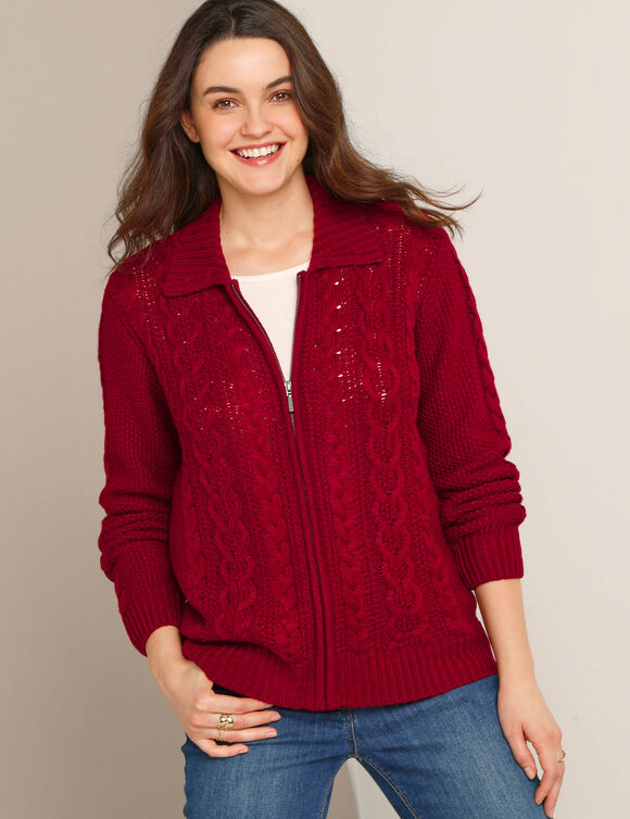Gilet zipp&eacute; col polo, maille torsad&eacute;e (rouge fonc&eacute;)