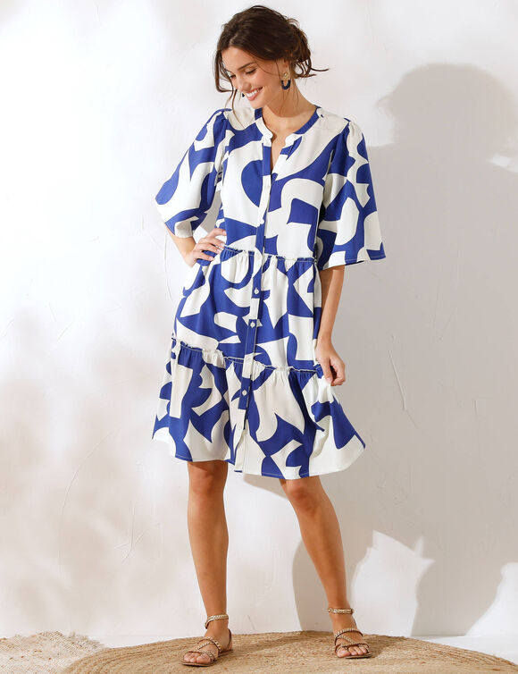 Robe boutonnée imprimée, col tunisien (bleu)