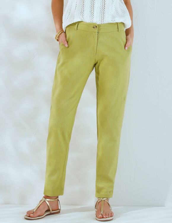 Pantalon coupe mom coton-lin uni (vert mousse)