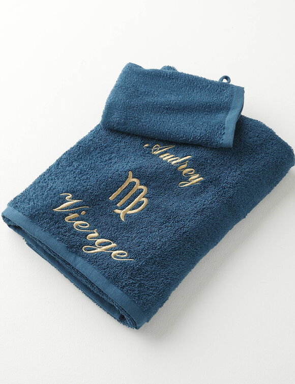 Serviettes de bain brodées Vierge personnalisable - 420g/m2 (bleu paon)