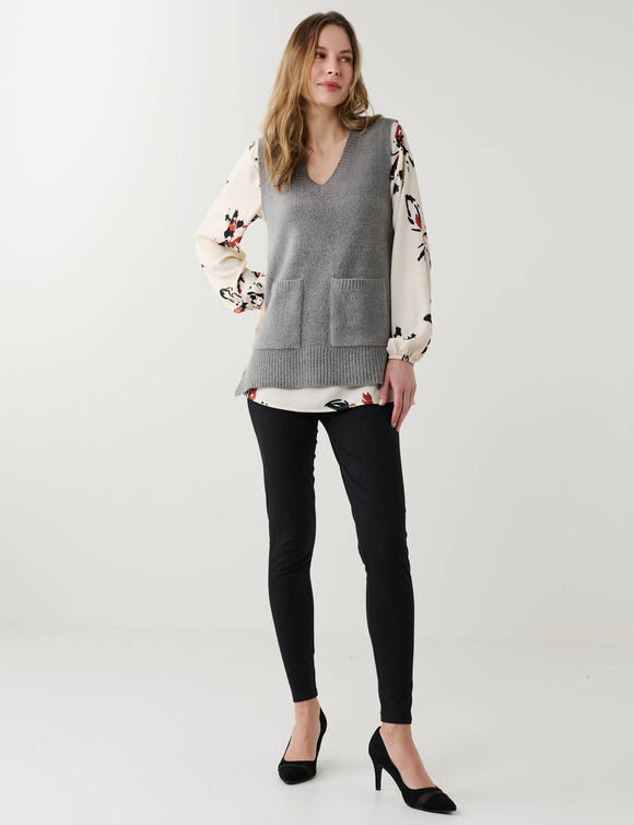 Pull tunique sans manches col V, maille moelleuse (anthracite chin&eacute;)