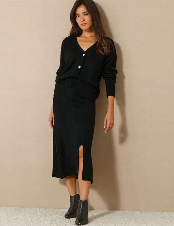 Jupe midi &eacute;vas&eacute;e en tricot (noir)