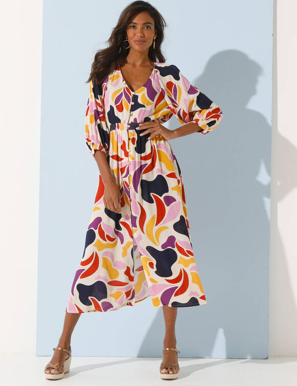 Robe longue boutonnée, crépon, imprimé maxi (marine / safran)