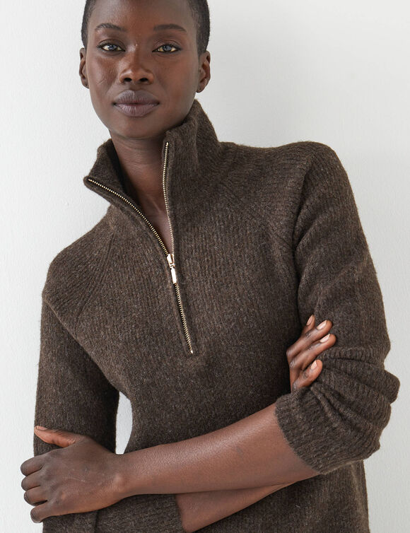 Robe pull col camionneur, maille c&ocirc;tel&eacute;e en laine m&eacute;lang&eacute;e (chocolat)