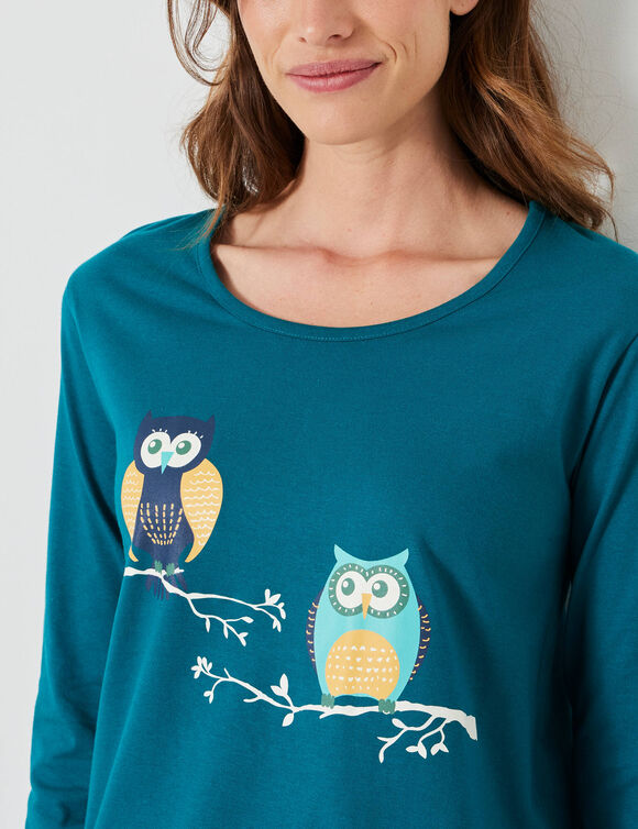 Pyjama van katoen met uilenprint en lange mouwen (dennengroen)