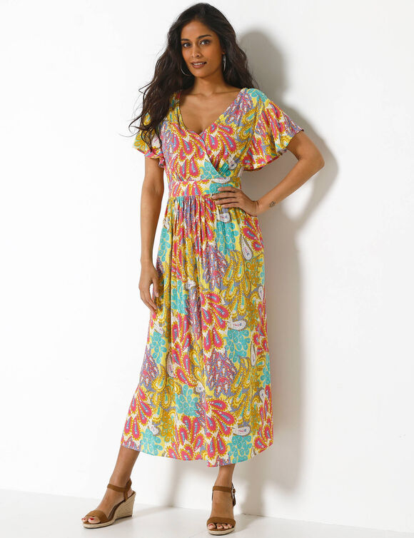 Robe volant&eacute;e cache-coeur imprim&eacute;e, cr&eacute;pon (jaune / bleu)