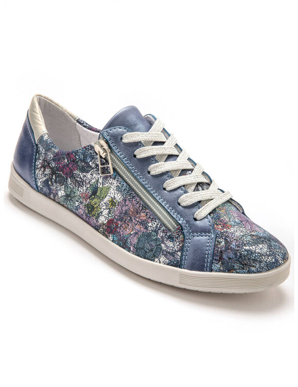 Leren sneakers met bovenwerk in 2 materialen - grote breedte (blauw)