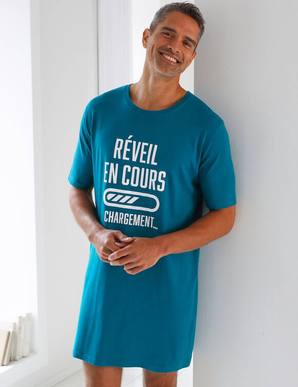 Maxi T-shirt pyjama imprim&eacute; "r&eacute;veil en cours" (bleu canard)