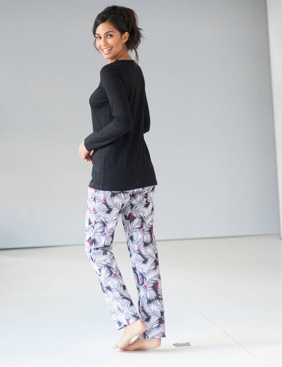 Pyjama met pasje in plumetis - tropische print (zwart)