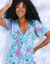 Robe courte évasée col V, imprimé floral (turquoise)