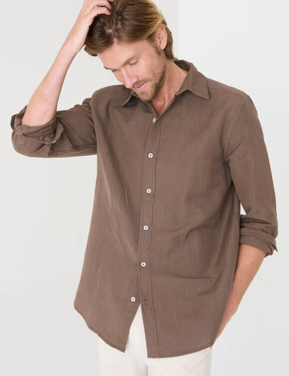 Chemise coton lin manches longues boutonn&eacute;e (marron)