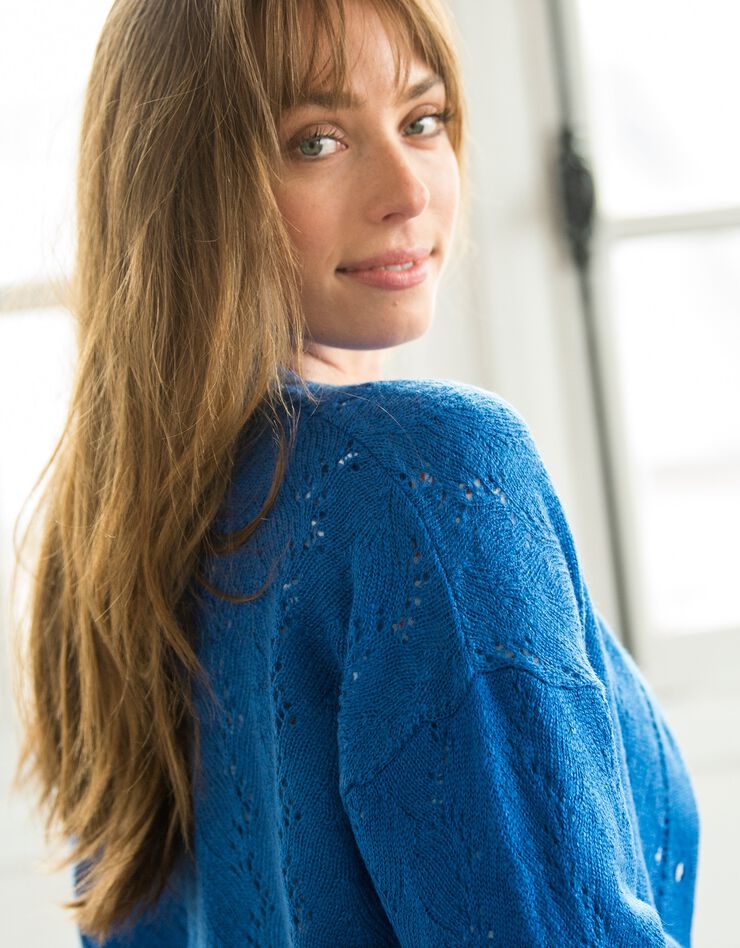 Gilet court boutonné maille fantaisie (bleu dur)