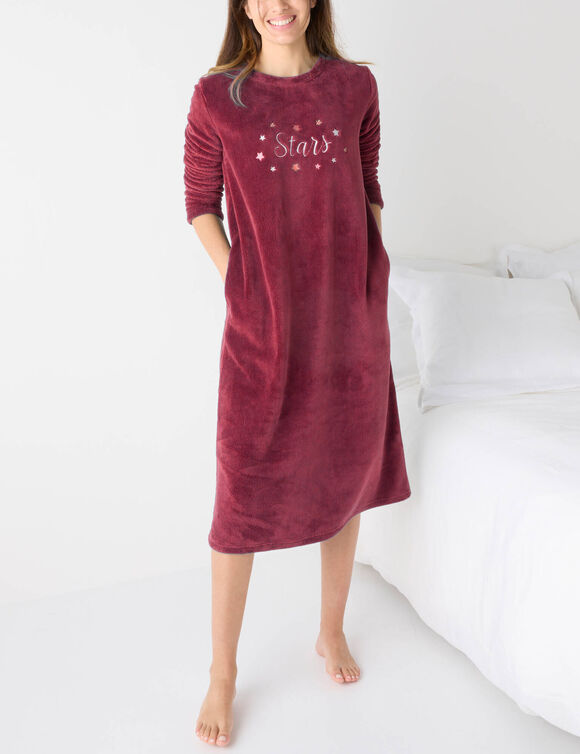Lang nachthemd met sterrenborduursels, fleece (bordeaux)