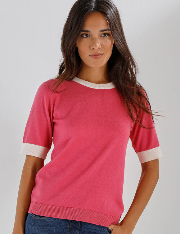 Pull bicolore col rond, manches courtes (roze / ecru)