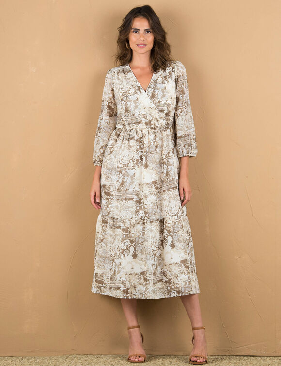 Robe longue cache-coeur manches 7/8, imprimé cachemire (beige)