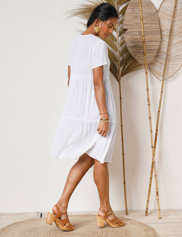 Robe col V courte unie, crépon (blanc)