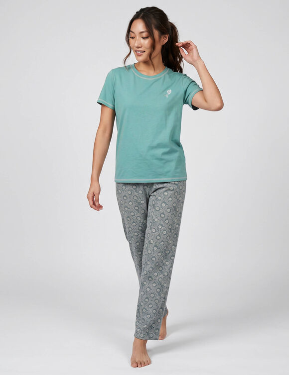 Pantalon pyjama fleuri &laquo;charme botanique&raquo; (vert / &eacute;cru)