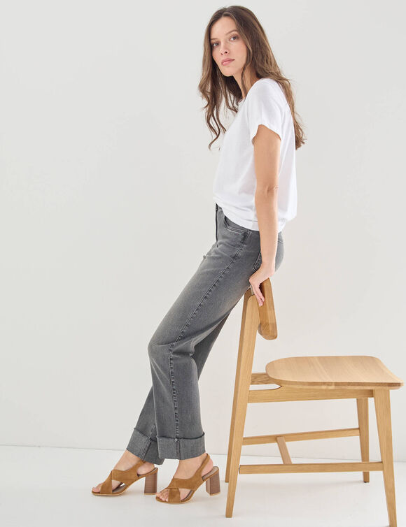 Jean droit &agrave; revers 7/8&egrave;me, taille haute (gris)