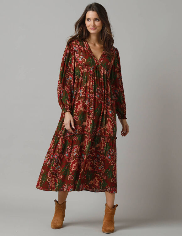 Robe longue col V manches blousantes, crépon imprimé (multicolore)