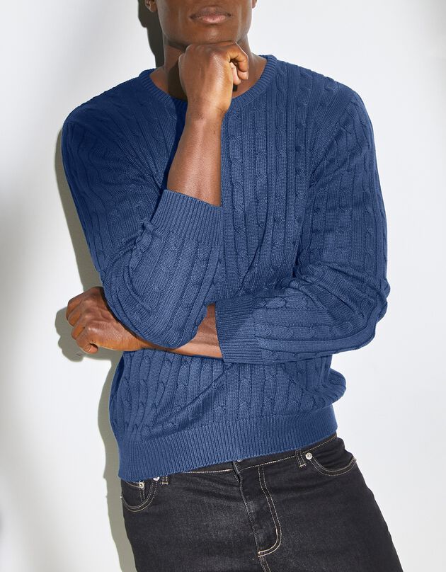 Pull col rond maille torsades (bleu)