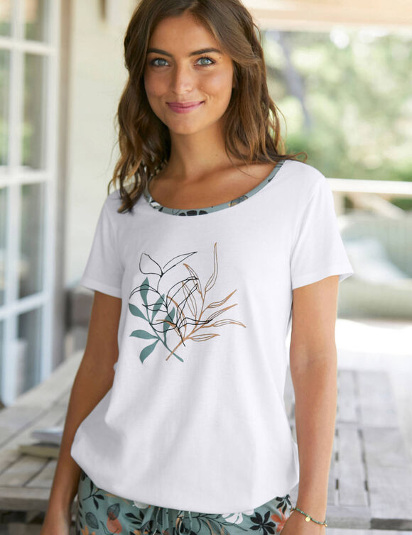 Pyjama pantacourt imprim&eacute; feuillages (vert gris&eacute;)