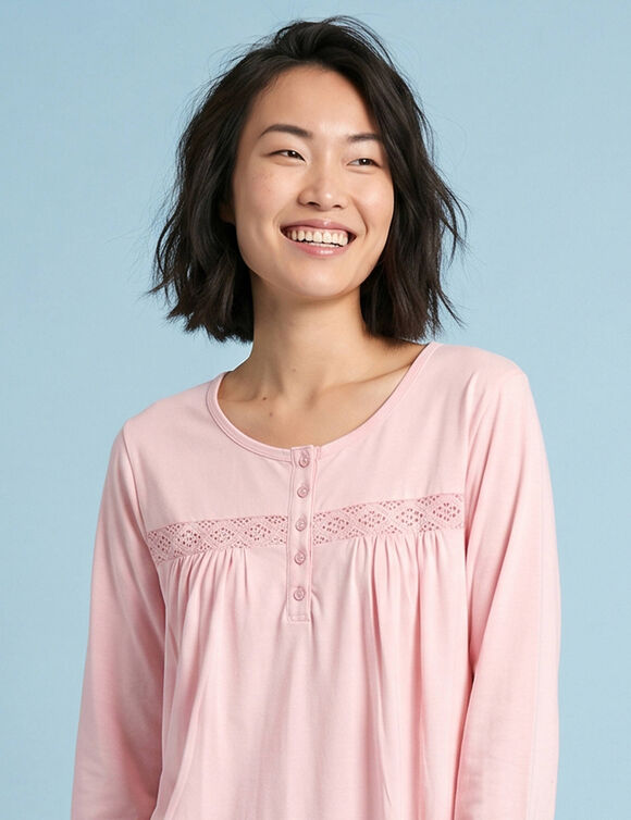 Effen lang nachthemd met knoopkraag en lange mouwen, speciaal voor kleine maten (roze)