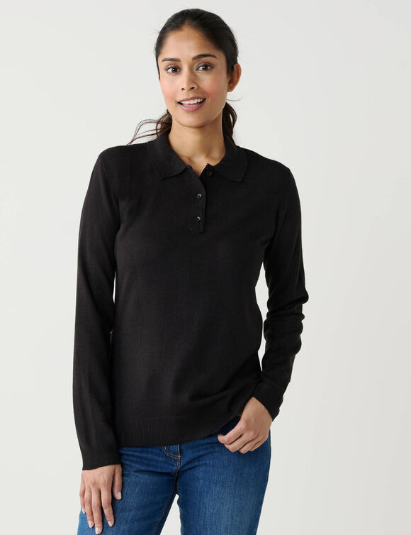 Pull col polo boutonn&eacute;, toucher doux (noir)
