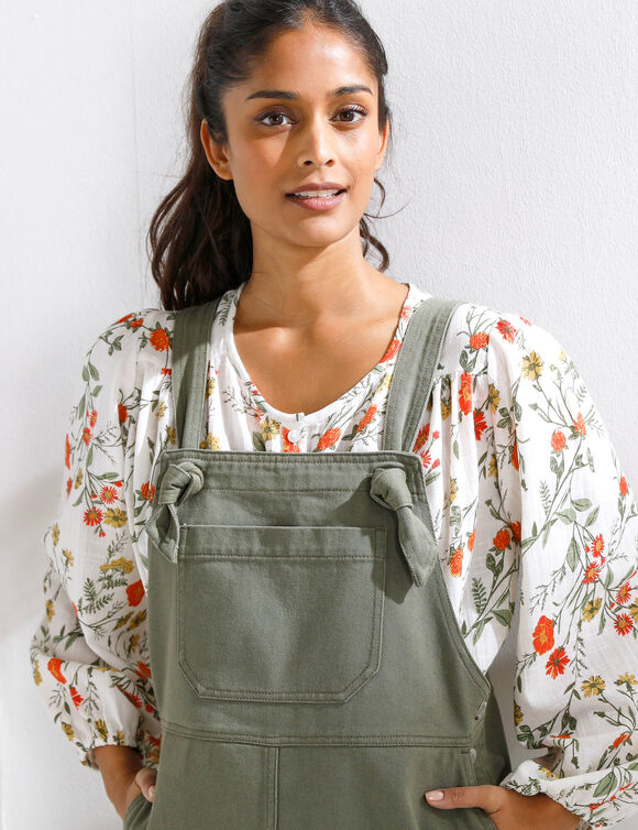 Robe salopette &eacute;vas&eacute;e, bretelles &agrave; nouer (kaki)