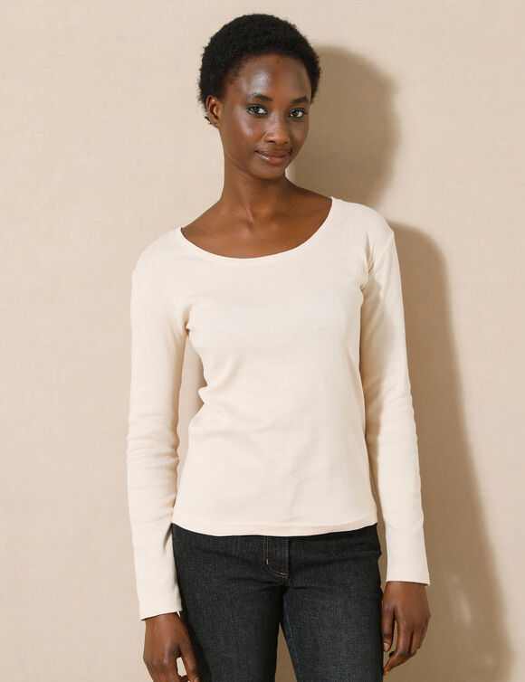 Effen T-shirt met lange mouwen in biokatoen(**) (beige)