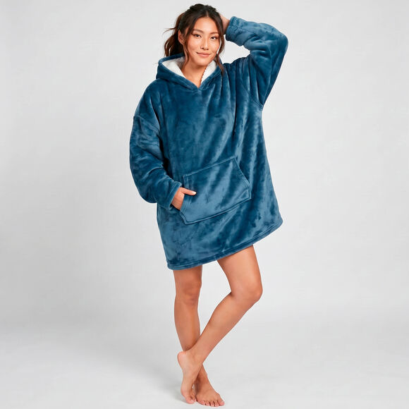 Fleece-sweater met capuchon in sherpa-voering (grijsblauw)