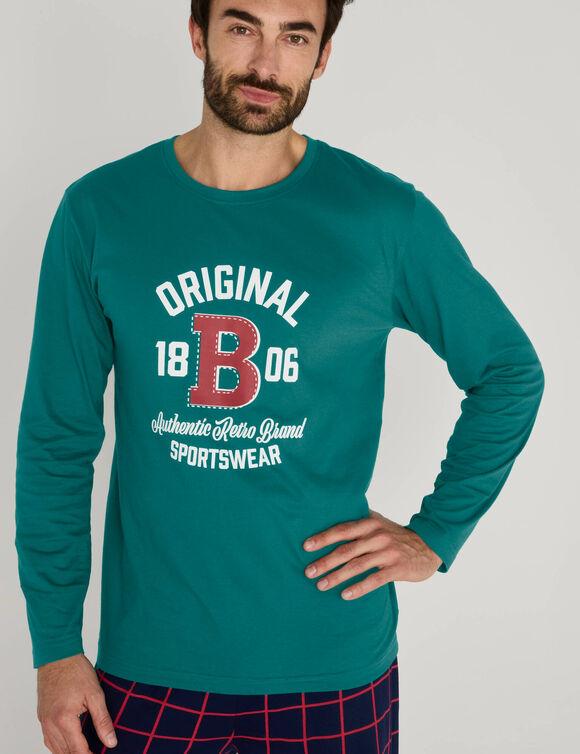 T-shirt pyjama motif plac&eacute; manches longues (vert)