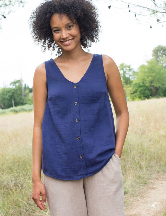 Caraco en double gaze de coton, boutonnage fantaisie (indigo)