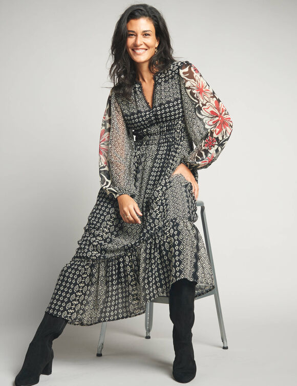 Lange jurk in voile, etnische print (zwart / beige)