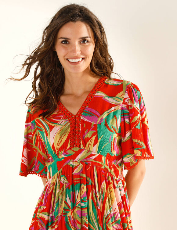 Robe longue macram&eacute;, imprim&eacute; tropical (oranje)