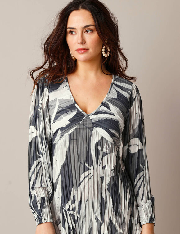 Robe courte imprimé fleuri, maille plissée (blanc / noir)