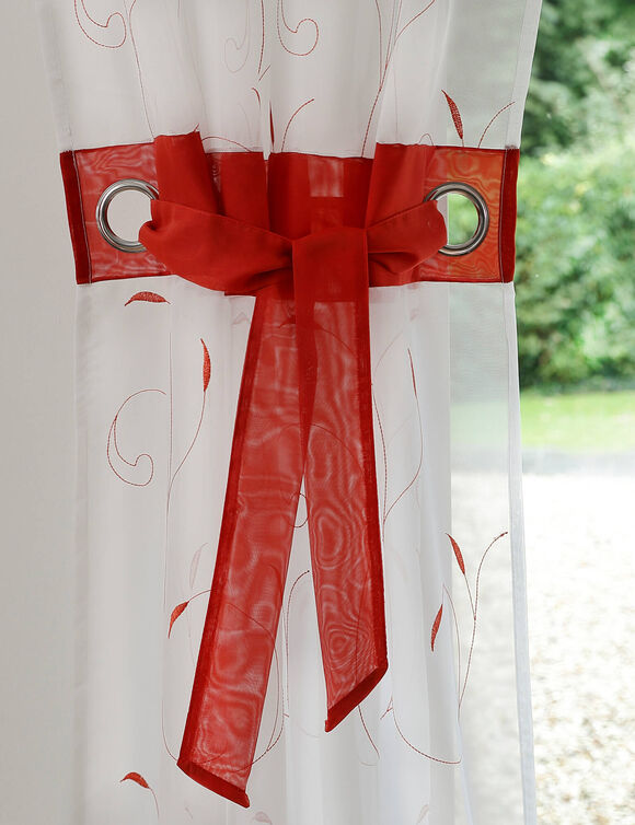 Rideau panneau voile petites feuilles brodées (terracotta / blanc)