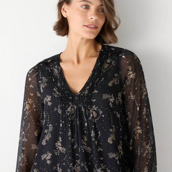 Robe bicolore à plis, imprimé feuilles (noir / beige)
