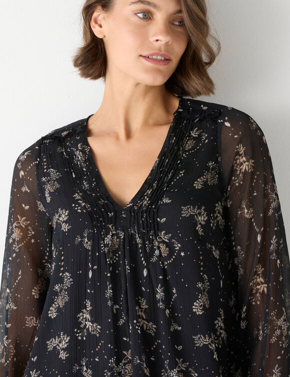 Robe bicolore à plis, imprimé feuilles (noir / beige)