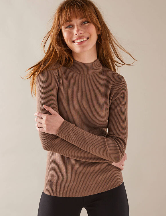 Pull col montant court, maille côtelée (taupe)