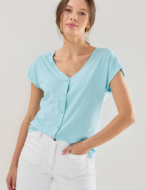 T-shirt col V boutonn&eacute; (c&eacute;ladon)