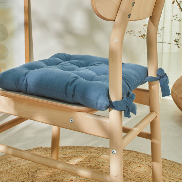 Galette de chaise carrée unie coton bachette - lot de 2 (bleu grisé)