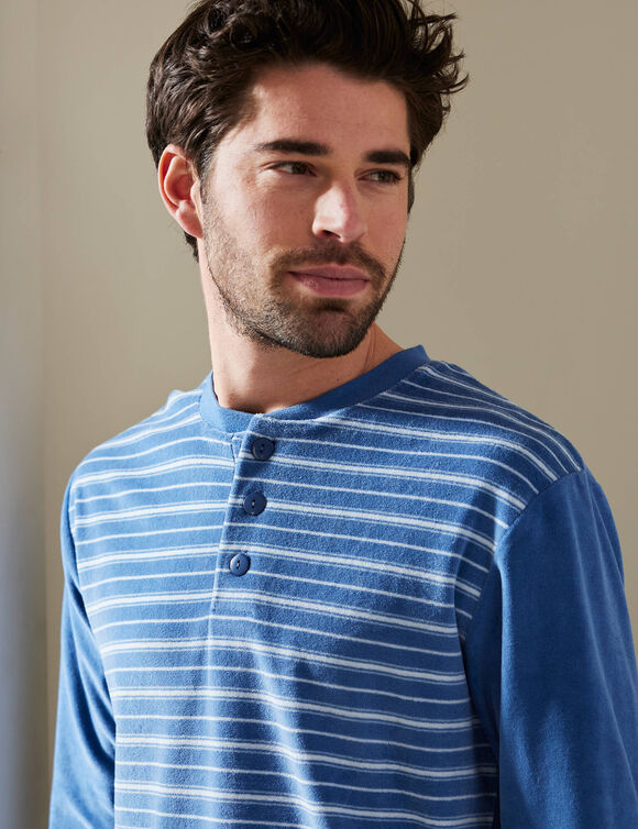 Pyjama pantalon ray&eacute; velours manches longues (bleu)