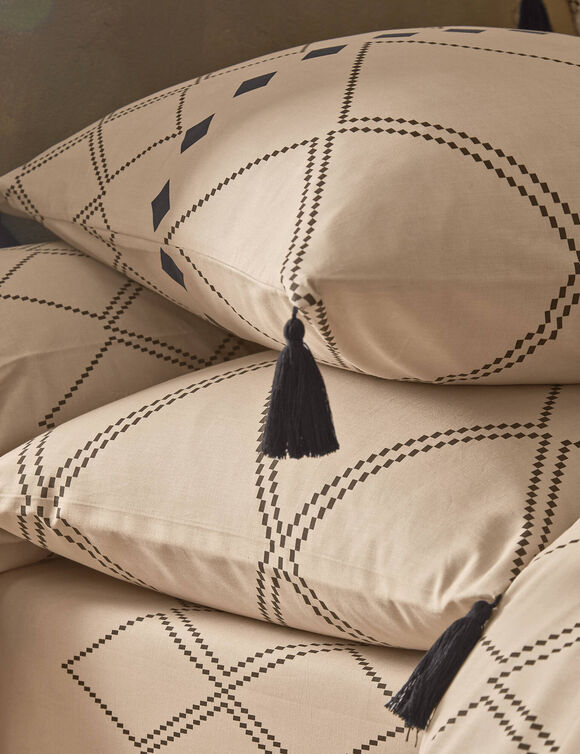 Linge de lit Massaï coton à motifs graphiques et finitions pompons (beige)