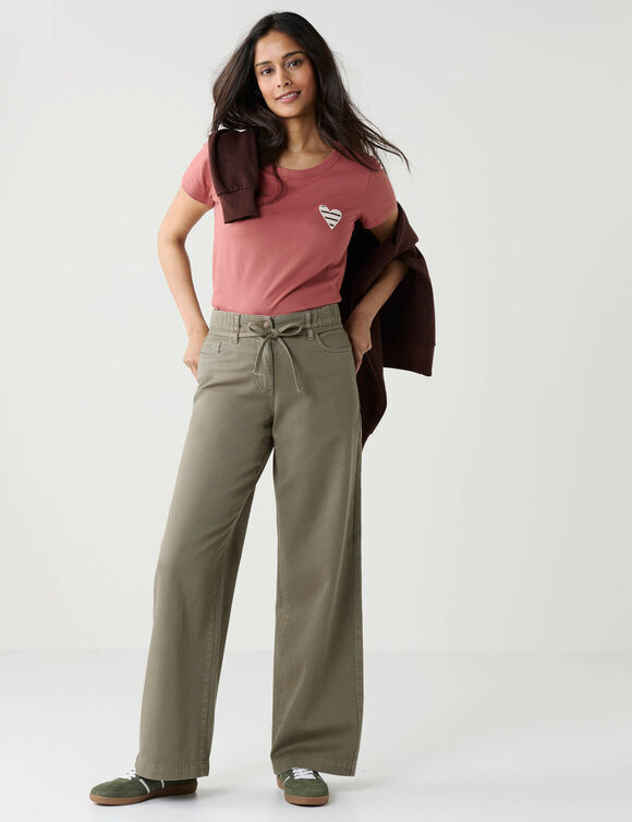Pantalon large taille haute semi-&eacute;lastiqu&eacute;e &agrave; nouette, coton (kaki)