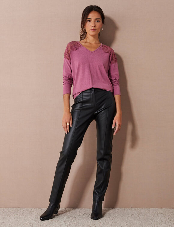 T-shirt col V manches longues dentelle (bois de rose chiné)