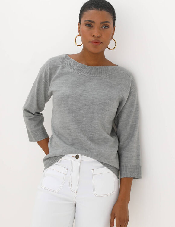 Pull col bateau manches 3/4, toucher doux (gris chin&eacute;)