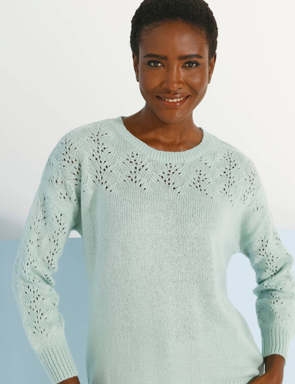 Pull manches blousantes, maille ajourée (vert d'eau)